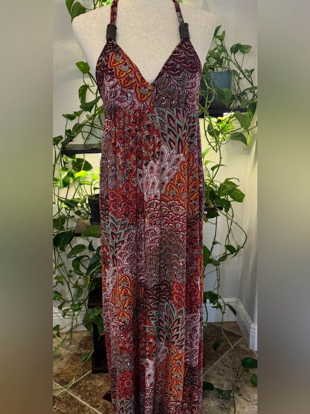 Ingear Boho Red Paisley Halter Maxi Dress with Multicolor Accents